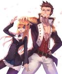  1boy 1girl abs beard blue_eyes brown_hair chest collared_shirt epaulettes eyepatch facial_hair fate/grand_order fate_(series) hair_over_one_eye highres jacket long_hair long_sleeves male_focus masaki_(msk064) napoleon_bonaparte_(fate/grand_order) neck_ribbon open_clothes open_mouth ophelia_phamrsolone pectorals ribbon scar shirt sideburns smile upper_body white_background 