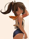  1girl ass blue_swimsuit brown_eyes brown_hair commentary_request cowboy_shot hair_ornament hairclip i-401_(kantai_collection) kantai_collection long_hair looking_at_viewer naitou_kouse one-piece_tan orange_sailor_collar ponytail sailor_collar school_swimsuit shirt short_ponytail simple_background sleeveless sleeveless_shirt smile solo swimsuit swimsuit_under_clothes tan tanline white_background 