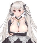  1girl absurdres azur_lane bangs bare_shoulders between_breasts black_dress blush breast_hold breasts cleavage closed_mouth collarbone commentary_request dress earrings eyebrows_visible_through_hair formidable_(azur_lane) frilled_dress frills grey_hair hair_ribbon hand_up highres hongye_feixue jewelry large_breasts long_hair long_sleeves looking_at_viewer red_eyes ribbon simple_background solo twintails white_background 
