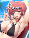  1girl arm_up armpits azur_lane bangs bikini black_bikini blue_sky blush breasts breathing chair cleavage collarbone day eyebrows_visible_through_hair fellatio_gesture goggles goggles_on_head hair_ornament highres large_breasts long_hair looking_at_viewer lounge_chair o-ring o-ring_bikini open_mouth outdoors poolside red_hair sexually_suggestive shinyashiki side_ponytail sitting skindentation sky smile solo swimsuit tongue tongue_out zara_(azur_lane) zara_(poolside_coincidence)_(azur_lane) 