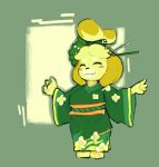  accessory animal_crossing anthro blonde_hair canid canine canis clothed clothing domestic_dog eyes_closed female fur hair hair_accessory isabelle_(animal_crossing) japanese_clothing kimono latchk3y mammal nintendo shih_tzu smile solo toy_dog video_games yellow_fur 