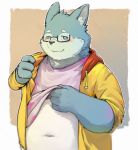  2018 anthro belly blue_eyes blue_fur blush canid canine clothing eyewear fur glasses hi_res hoodie humanoid_hands male mammal navel overweight overweight_male shirt simple_background slanwanco solo topwear undressing 