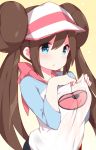  1girl :o blue_eyes blush brown_hair double_bun gradient gradient_background long_hair looking_at_viewer mei_(pokemon) pokemon pokemon_(game) pokemon_bw2 raglan_sleeves solo twintails visor_cap watanon_(gakushokutei) yellow_background 