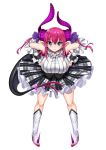  1girl alternate_breast_size blue_eyes breasts commentary_request curled_horns dragon_girl dragon_horns dragon_tail elizabeth_bathory_(fate) elizabeth_bathory_(fate)_(all) fate/extra fate/extra_ccc fate/grand_order fate_(series) frilled_skirt frills hands_on_hips horns idol large_breasts long_hair looking_at_viewer pink_hair pointy_ears saishuu_rori_densha skirt tail white_background 
