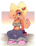  2019 activision anthro bandicoot bare_arms belt big_breasts black_gloves black_lipstick black_nose blonde_hair blue_bottomwear blue_clothing blue_eyes blue_pants bottomwear breasts cleavage clothed clothing coco_bandicoot crash_bandicoot_(series) curled_hair digital_media_(artwork) ear_piercing ear_ring eyebrows eyelashes eyeshadow female fingerless_gloves footwear fur gloves hair hair_over_eye handwear lipstick long_hair looking_at_viewer makeup mammal marsupial midriff navel nitro open_mouth orange_fur pants piercing pink_clothing pink_footwear pink_shoes ponytail portrait pose shirt shoes simple_background sitting smile solo tank_top topwear video_games 