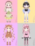  4girls :3 animal_band_legwear animal_ears bare_shoulders bear_ears bear_hat black_camisole black_gloves black_hair black_legwear blonde_hair blue_eyes blue_footwear blue_jacket blush_stickers boots bow braid brown_flower brown_footwear brown_hair brown_headwear brown_jacket brown_legwear brown_sweater camisole closed_mouth covered_mouth cross-laced_footwear denim earrings eyebrows_visible_through_hair fake_animal_ears fishnets flower fur-trimmed_sleeves fur_collar fur_trim gloves green_bow green_eyes green_skirt hair_bow hair_flower hair_ornament hair_ribbon hairband hands_on_hips hat hat_bow heart highres holding holding_flower hoop_earrings ie_(nyj1815) jacket jeans jewelry knee_boots lace-up_boots long_hair long_sleeves looking_at_viewer low_twintails multiple_girls navel off-shoulder_shirt off_shoulder open_clothes open_jacket original own_hands_together pants pantyhose pink_coat pink_flower pink_footwear pink_headwear red_eyes ribbed_sweater ribbon sandals see-through shirt shoes short_hair skirt smile standing sweater thighhighs thighhighs_under_boots turtleneck turtleneck_sweater twin_braids twintails twitter_username very_long_hair watermark wavy_hair web_address white_pants white_ribbon white_shirt wide_sleeves yellow_eyes 