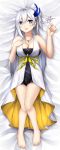 1girl artist_name blue_eyes blush breasts cecilia_schariac cleavage commentary dakimakura dress earrings english_text feet full_body hair_ornament highres honkai_(series) honkai_impact_3rd jewelry long_hair looking_at_viewer lying necklace on_back open_mouth sheita side_ponytail signature single_earring smile solo white_hair 