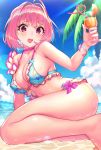  1girl ahoge arm_support bangle bangs bare_shoulders barefoot bikini blue_bikini_top blue_sky bracelet breasts choker cloud crazy_straw cup day drink drinking_straw eyebrows_visible_through_hair fang food frilled_bikini frills fruit hair_between_eyes hair_intakes hand_up heart heart_straw highres holding holding_cup hrtyuk idolmaster idolmaster_cinderella_girls jewelry large_breasts lei looking_at_viewer multicolored multicolored_bikini multicolored_clothes navel ocean open_mouth orange orange_slice outdoors palm_tree pink_choker raised_eyebrows shiny shiny_hair short_hair sitting sky smile solo strap_gap sunlight swimsuit thighs tongue tree water yellow_frills yumemi_riamu 