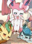  2019 anthro blue_eyes blush bodily_fluids breasts croisshark cum distracting_watermark eeveelution female first_person_view fur genital_fluids glaceon group human interspecies leafeon male male/female mammal nintendo nipples nude open_mouth penetration pok&eacute;mon pok&eacute;mon_(species) pussy ribbons sylveon text tongue vaginal video_games watermark 