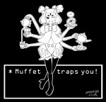  anthro arachnid arthropod biped bow_tie bread clothed clothing croissant cup cupcake english_text female food fully_clothed hair holding_object looking_at_viewer muffet multi_arm multi_eye multi_limb one_eye_closed samanator_club smile solo spider tea_cup teeth text undertale video_games wink 