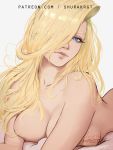  1girl bangs bare_shoulders blonde_hair blue_eyes breasts cleavage english_commentary fullmetal_alchemist hair_over_one_eye large_breasts lips long_hair looking_at_viewer lying nude olivier_mira_armstrong on_stomach shurakrgt sideboob signature topless 
