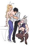  1boy 2girls animal_ears areola_slip areolae arm_around_waist artoria_pendragon_(all) artoria_pendragon_(lancer) artoria_pendragon_(lancer_alter) artoria_pendragon_(swimsuit_ruler)_(fate) bangs bare_shoulders belt black_footwear black_hair black_neckwear blonde_hair blue_legwear blush breast_grab breast_sucking breasts breasts_outside bunny_ears bunny_girl bunnysuit cleavage closed_eyes collared_shirt commentary_request crown dress_shirt erection fate/grand_order fate_(series) fujimaru_ritsuka_(male) grabbing hair_between_eyes high_heels high_ponytail holding_another&#039;s_head large_breasts leotard long_hair multiple_girls nipples open_mouth pantyhose penis ponytail shirt silver_hair sleeves_rolled_up squatting sucking table testicles tongue tongue_out tsuki_no_i-min underboob unzipped white_footwear white_leotard wrist_cuffs yellow_eyes 