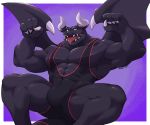  2019 abs anthro barazoku biceps black_skin blue_eyes bodily_fluids bulge butt claws clothed clothing dragaux dragon fist hi_res horn looking_at_viewer male manly muscular nintendo open_mouth pecs pose purple_background raised_arm ring_fit_adventure saliva scalie sharp_claws sharp_teeth simple_background sitting smile solo spread_legs spread_wings spreading teeth thick_thighs tongue tongue_out triceps video_games voviat wings 