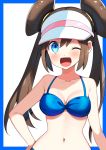  1girl absurdres alternate_costume bangs bare_shoulders bikini blue_bikini blue_border blue_eyes blush border breasts brown_hair cleavage collarbone double_bun hair_tie hand_on_hip happy highres long_hair looking_at_viewer medium_breasts mei_(pokemon) navel one_eye_closed open_mouth pink_headwear pokemon pokemon_(game) pokemon_bw2 shiny shiny_hair shiny_skin simple_background smile solo standing swimsuit tied_hair twintails upper_body visor_cap white_background yuihiko 