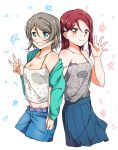  2girls absurdres belt blue_eyes blue_skirt breasts cleavage cropped_legs denim floral_print green_jacket grey_hair grey_shirt grin hair_ornament hairclip half_updo hand_up highres holding_hands jacket jeans long_hair looking_at_viewer love_live! love_live!_sunshine!! medium_skirt multiple_girls navel off-shoulder_jacket pants pleated_skirt print_shirt red_hair sakurauchi_riko shirt short_hair skirt smile star star_print strap_slip w watanabe_you white_shirt yellow_eyes yuchi_(salmon-1000) yuri 