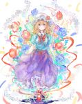  1girl blonde_hair blue_shirt blue_skirt bow bug butterfly cherry_blossoms commentary_request floral_print flower hat highres insect long_hair maribel_hearn mob_cap print_skirt purple_eyes red_bow red_footwear rose shirt short_sleeves skirt solo touhou uwazumi white_headwear 
