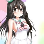  1girl black_eyes black_gloves black_hair breasts chikuma_(kantai_collection) clothes_writing cosplay cowboy_shot dress elbow_gloves gloves grecale_(kantai_collection) grecale_(kantai_collection)_(cosplay) hat honeycomb_(pattern) honeycomb_background kantai_collection long_hair looking_at_viewer medium_breasts mini_hat multicolored multicolored_background neckerchief ouno_(nounai_disintegration) pink_background sailor_collar sailor_dress sideboob single_glove sleeveless sleeveless_dress smile solo striped striped_neckwear white_background white_dress white_sailor_collar 