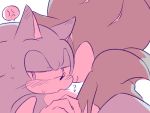  anthro black_fur blue_fur blush bodily_fluids duo eulipotyphlan fur grin half-closed_eyes hedgehog japanese_text male male/male mammal pink_theme shadow_the_hedgehog sikai simple_background smile sonic_(series) sonic_the_hedgehog sweat text white_background 