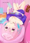  1girl 2019 absurdres ahoge artist_name bare_legs barefoot black_nails blue_hair blurry blurry_background blush breasts brown_skirt cellphone cleavage clothes_on_floor collarbone couch covered_nipples curtains dated dot_nose eyebrows_visible_through_hair fang hair_between_eyes hair_intakes hand_up head_on_pillow highres holding holding_phone idolmaster idolmaster_cinderella_girls indoors knee_up large_breasts leg_up looking_at_viewer lying mokyutan multicolored multicolored_hair multicolored_nails nail_polish no_bra off-shoulder_shirt off_shoulder on_back open_mouth phone pink_eyes pink_hair pink_nails pink_pillow plaid plaid_skirt shiny shiny_hair shiny_skin shirt short_hair short_sleeves single_bare_shoulder skirt skirt_removed smartphone solo space_cat_(meme) suitcase t-shirt thighs toenail_polish tongue two-tone_hair upside-down wavy_mouth wooden_floor yumemi_riamu 