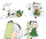  1girl bag bamboo blush_stickers brown_footwear chibi closed_eyes coin_purse cutting expressionless faceplant falling flower flying_sweatdrops green_skirt green_vest grey_eyes grocery_bag hair_ribbon handbag holding holding_bag holding_sword holding_weapon in_the_face konpaku_youmu konpaku_youmu_(ghost) koyama_shigeru multiple_views one_knee ribbon scabbard sheath shopping_bag short_hair silver_hair simple_background skirt skirt_set solo spring_onion sword touhou vest walking weapon white_background younger 