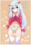  1girl absurdres ass_visible_through_thighs bow eromanga_sensei green_eyes hair_bow highres izumi_sagiri lifted_by_self long_hair low-tied_long_hair navel no_pants noto_kurumi panties pink_shirt ribbon shirt shirt_lift silver_hair solo striped striped_panties thighhighs translation_request underwear white_legwear 