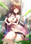  1girl adjusting_clothes adjusting_swimsuit antenna_hair bangs bikini black_bikini blush breasts brown_hair bug butterfly cleavage closed_mouth day dsr-50_(girls_frontline) eyebrows_visible_through_hair girls_frontline highres hime_cut insect leaf long_hair maze_yuri medium_breasts navel o-ring outdoors plant red_eyes rock sarong sarong_lift shiny smile solo swimsuit water water_drop waterfall 