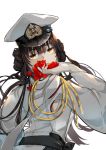  1girl brown_eyes brown_hair detached_sleeves double_bun flower from_behind hat head_tilt japanese_clothes kantai_collection kongou_(kantai_collection) lips long_hair looking_at_viewer looking_back nello_(luminous_darkness) peaked_cap ribbon-trimmed_sleeves ribbon_trim simple_background solo upper_body white_background white_headwear 