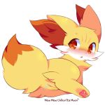  1:1 3_toes blush bodily_fluids butt chikorita_moon colored dipstick_tail female fennekin feral fluffy fluffy_tail fur genital_fluids hi_res inner_ear_fluff looking_at_viewer looking_back lying monochrome multicolored_tail nintendo on_side orange_fur pawpads pink_pawpads pok&eacute;mon pok&eacute;mon_(species) pussy pussy_juice red_eyes red_fur simple_background snout solo toes video_games white_background white_fur yellow_fur 