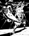  1girl armor boots cloud cloudy_sky commentary_request double_bun foreshortening greyscale hair_ribbon haniwa_(statue) highres holding joutouguu_mayumi lightning monochrome parody puffy_short_sleeves puffy_sleeves ribbon shadow short_hair short_sleeves sky solo sunrise_stance tanasuke touhou two-handed vambraces 