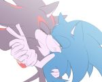  5:4 anthro black_fur blue_fur blush clothing duo eulipotyphlan fur gesture gloves green_eyes grin hand_holding handwear hedgehog looking_at_viewer male male/male mammal red_fur shadow_the_hedgehog sikai simple_background smile sonic_(series) sonic_the_hedgehog v_sign white_background 