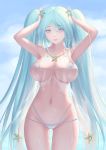  1girl adjusting_hair aqua_eyes aqua_hair arcade_sona ass_visible_through_thighs bikini breasts cleavage cloud cloudy_sky collarbone cowboy_shot gem groin hair_ornament hands_up highres hmo11796521 jewelry large_breasts league_of_legends light_smile lips long_hair looking_at_viewer micro_bikini navel necklace see-through shiny shiny_skin sky soft solo sona_buvelle star star_hair_ornament swimsuit thigh_gap thighs twintails very_long_hair water 