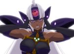 1girl android bare_shoulders breasts commentary_request cyborg dark_skin elbow_gloves gloves kuroiani long_hair looking_at_viewer silver_hair smile solo t-elos t-elos_re teeth xenoblade_(series) xenoblade_2 xenosaga 