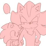  ... 1:1 anthro arm_grab blush clothing duo eulipotyphlan gloves hand_on_hip handwear hedgehog looking_at_another low_res male mammal pink_theme shadow_the_hedgehog sikai simple_background sonic_(series) sonic_the_hedgehog speech_bubble white_background 