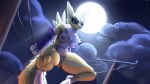 16:9 black_scelera blue_eyes breasts butt clitoris clothing digimon digimon_(species) dipstick_tail female fluffy fur gloves handwear hi_res kawfee mostly_nude multicolored_tail nipples pussy renamon sitting white_fur yellow_fur 