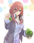  1girl absurdres bangs blazer blue_cardigan blue_eyes blush bowel breasts brown_hair cardigan collared_shirt eyebrows_visible_through_hair feeding food go-toubun_no_hanayome green_skirt hair_between_eyes headphones headphones_around_neck highres holding holding_spoon ice_cream jacket large_breasts long_sleeves looking_at_viewer medium_hair nakano_miku nuko-1111 open_mouth outstretched_hand pleated_skirt pov school_uniform shirt skirt spoon white_shirt 