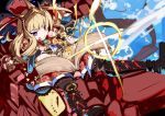  :q black_footwear blonde_hair blue_background book boots bracer cagliostro_(granblue_fantasy) commentary_request diffraction_spikes dragon granblue_fantasy jewelry long_hair magic miyakawa106 ouroboros_(granblue_fantasy) purple_eyes red_skirt shirt skirt star tiara tongue tongue_out 