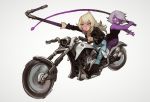 2girls amethyst_(steven_universe) black_footwear boots bubble_blowing chewing_gum denim eyelashes eyeshadow grey_background ground_vehicle hair_over_one_eye high-waist_pants highres jacket jeans lavender_hair leather leather_jacket makeup mossacannibalis motor_vehicle motorcycle multiple_girls nunchaku pants purple_skin riding short_hair simple_background smile star star_print steven_universe studded_footwear studded_jacket vidalia_(steven_universe) weapon whip younger 