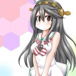  1girl black_hair brown_eyes clothes_writing cosplay cowboy_shot dress grecale_(kantai_collection) grecale_(kantai_collection)_(cosplay) hair_ornament hairband hairclip haruna_(kantai_collection) hat headgear honeycomb_(pattern) honeycomb_background kantai_collection long_hair looking_at_viewer mini_hat multicolored multicolored_background neckerchief ouno_(nounai_disintegration) pink_background sailor_collar sailor_dress sleeveless sleeveless_dress smile solo striped striped_neckwear white_background white_dress white_sailor_collar 