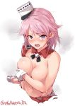  1girl breasts crying crying_with_eyes_open ebifurya eyebrows_visible_through_hair giuseppe_garibaldi_(kantai_collection) gloves hair_between_eyes hat highres kantai_collection large_breasts looking_at_viewer mini_hat navel no_bra pink_eyes pink_hair short_hair simple_background smoke solo tears torn_clothes twitter_username white_background white_gloves 