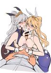  1boy 2girls animal_ears artoria_pendragon_(all) artoria_pendragon_(lancer_alter) artoria_pendragon_(swimsuit_ruler)_(fate) ass bangs bar_censor bare_arms bare_shoulders blonde_hair blue_eyes blue_legwear blush breast_press breasts bunny_ears bunny_girl bunny_tail bunnysuit censored cleavage commentary_request crown erection fate/grand_order fate_(series) fujimaru_ritsuka_(male) hair_between_eyes interlocked_fingers large_breasts leotard lying multiple_girls muscle navel open_mouth orange_eyes paizuri pantyhose penis ponytail saliva sideboob silver_hair symmetrical_docking tail tsuki_no_i-min wrist_cuffs 