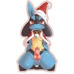  1:1 2018 anthro anus balls black_fur blue_fur blush christmas clothing erection fur hat headgear headwear hi_res holidays kesu_pu kneeling knot looking_at_viewer lucario male mostly_nude nintendo penis pok&eacute;mon pok&eacute;mon_(species) red_eyes santa_hat simple_background solo video_games white_background 