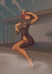  anthro athletic breasts brown_fur canid canine canis casual_nudity dobermann domestic_dog eam female fur hair hi_res humanoid_pointy_ears mammal nipples nude pinscher pinup pose red_hair sitting solo 