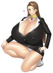 1girl ayasato_chihiro blush breasts business_suit cleavage closed_mouth collar covered_nipples curvy dxcxc earrings formal gigantic_breasts gyakuten_saiban heart huge_breasts jewelry lips long_hair nipples one_knee panties pantyshot plump shiny shiny_skin smile suit tight tight_top underwear 
