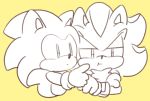  :t anthro clothing crossed_arms duo eulipotyphlan gloves handwear hedgehog male mammal poking shadow_the_hedgehog sikai simple_background sonic_(series) sonic_the_hedgehog yellow_background 