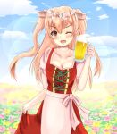 1girl alcohol alternate_costume apron beer beer_mug breasts brown_eyes cleavage cowboy_shot cup dirndl dress dress_lift flower german_clothes head_wreath holding holding_cup johnston_(kantai_collection) kantai_collection light_brown_hair long_hair looking_at_viewer medium_breasts one_eye_closed open_mouth pink_apron red_dress smile solo two_side_up ynos 