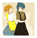  2girls :o ^_^ alternate_hairstyle azuma_(no488888) bag bangs beige_background black_skirt blue_hair blue_skirt brown_hair brown_shirt closed_eyes collared_shirt food_print frilled_shirt frills hair_ribbon hand_on_own_elbow jewelry kunikida_hanamaru love_live! love_live!_sunshine!! multicolored multicolored_nails multiple_girls necklace print_skirt purple_eyes red_nails ribbon ring shirt short_sleeves shoulder_bag side_bun side_ponytail sidelocks skirt sleeveless sleeveless_shirt suspender_skirt suspenders tsushima_yoshiko w white_ribbon white_shirt yellow_nails 