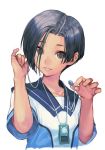  1girl black_hair digital_media_player earphones grey_eyes hankuri kobayakawa_rinko looking_at_viewer love_plus parted_lips school_uniform short_hair smile solo upper_body white_background 