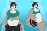  2019 absurd_res anthro areola belly big_belly big_breasts black_hair bodily_fluids bottomwear breasts brown_fur canid canine canis cleavage clothed clothing digital_media_(artwork) ear_piercing female fur grey_fur hair hair_over_eye hi_res mammal markings nipple_outline nipple_slip obese obese_female open_mouth overweight overweight_female piercing shirt shorts simple_background sitting solo standing sweat tank_top thefoxydragon thick_thighs tight_clothing tongue tongue_out topwear torn_clothing weight_gain wolf 