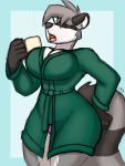  2019 anthro bathrobe beverage black_fur clothed clothing coffee female fur grey_fur hi_res mammal open_mouth panties procyonid raccoon robe simple_background solo striped_tail stripes tired underwear white_fur winter_(artist) yawn 