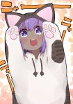  +_+ 1girl :d animal_costume animal_ears animal_hood arms_up bangs blush cat_costume cat_ears cat_hood dark_skin drawstring eyebrows_visible_through_hair fake_animal_ears fate/prototype fate/prototype:_fragments_of_blue_and_silver fate_(series) hair_between_eyes hassan_of_serenity_(fate) hood hood_up i.u.y open_mouth purple_eyes purple_hair round_teeth smile solo teeth translation_request upper_teeth v-shaped_eyebrows 
